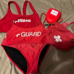 lifeguard set two bikini tops (one is nike) red bottoms, fanny pack, cpr mask.
